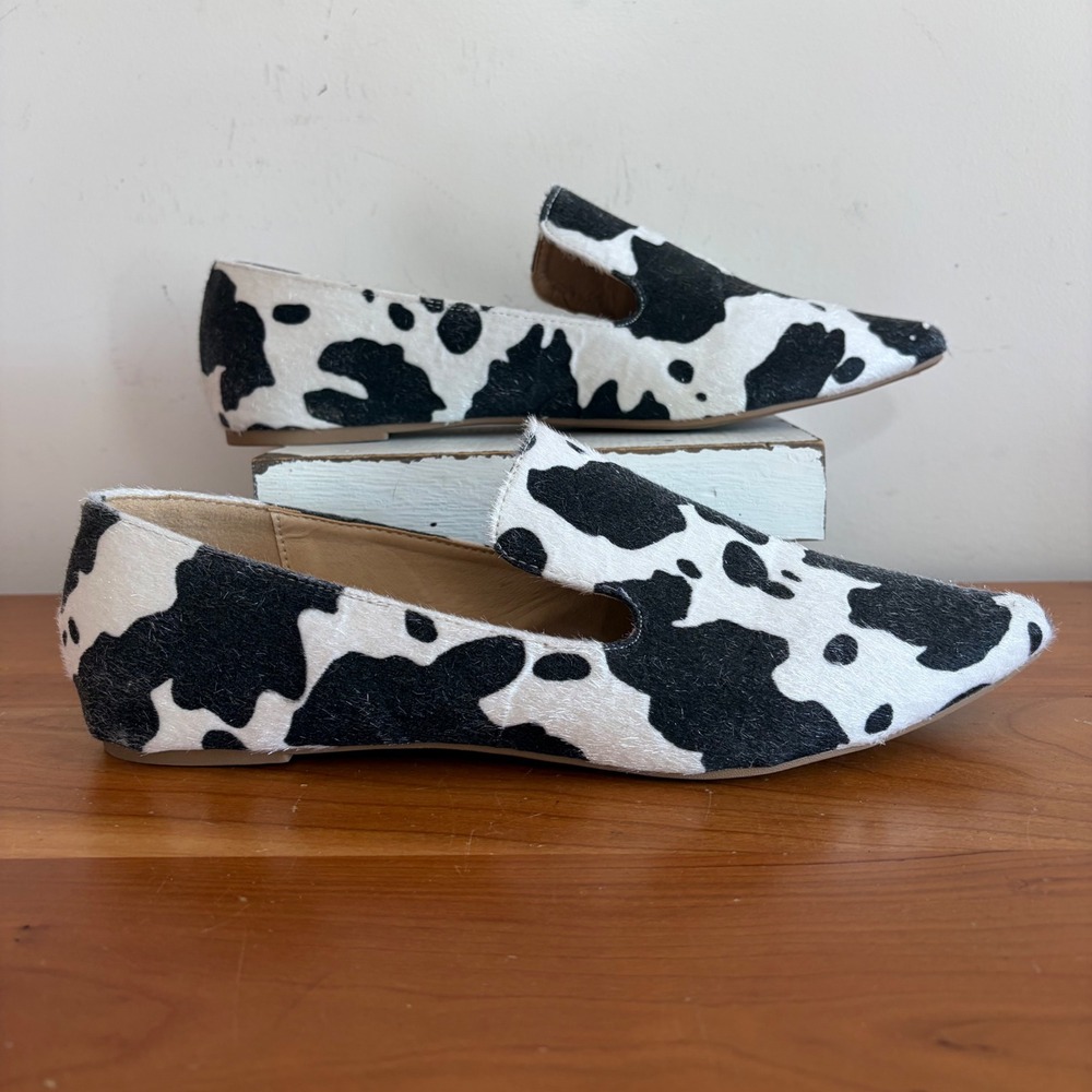 Abata Womens Cow Print Pointed Toe Loafers Black White Animal Pattern Flats 11